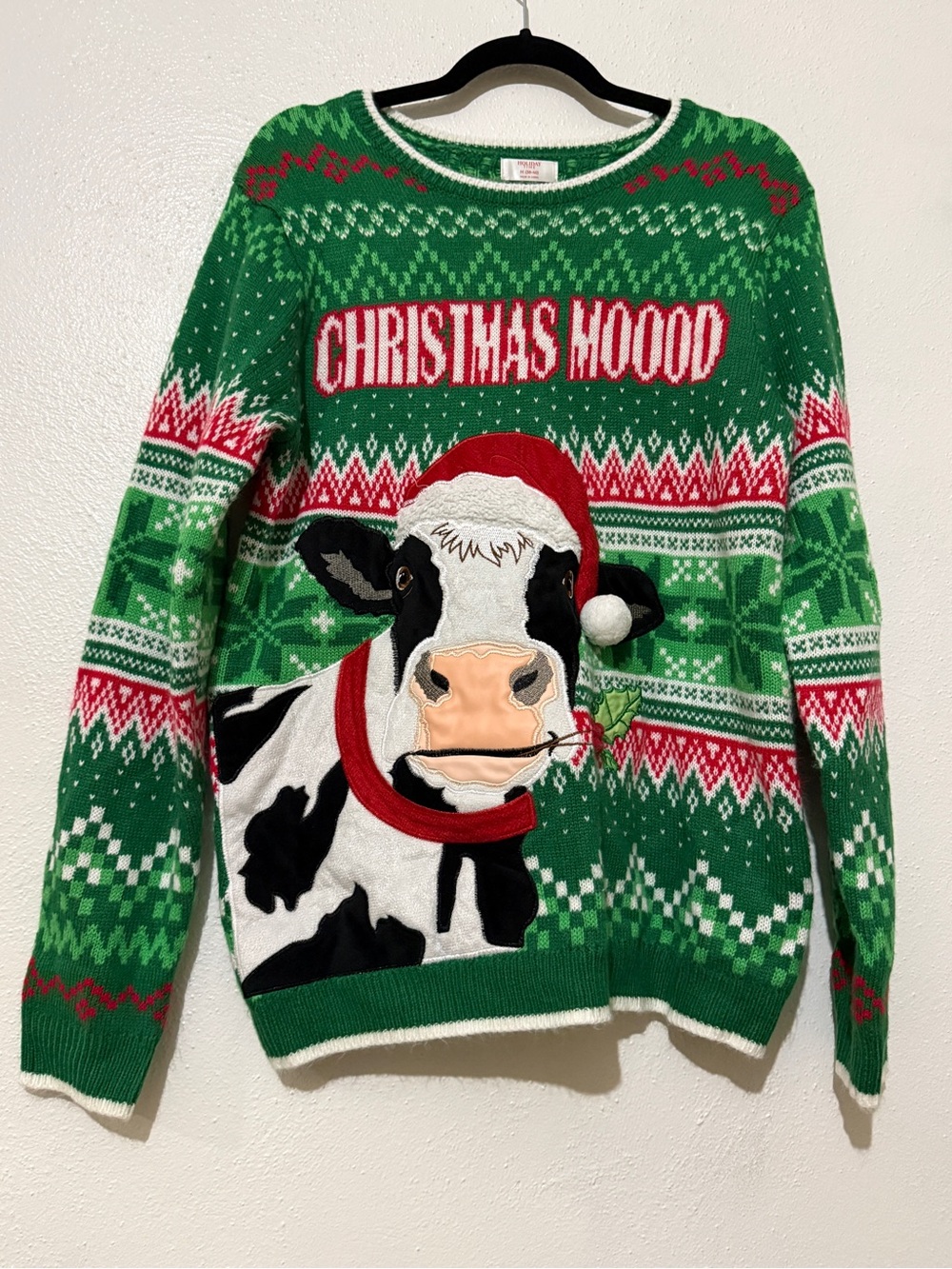 Holiday Time Christmas Mood Green Cow Knit Holiday Sweater. Sz Med (38-40)